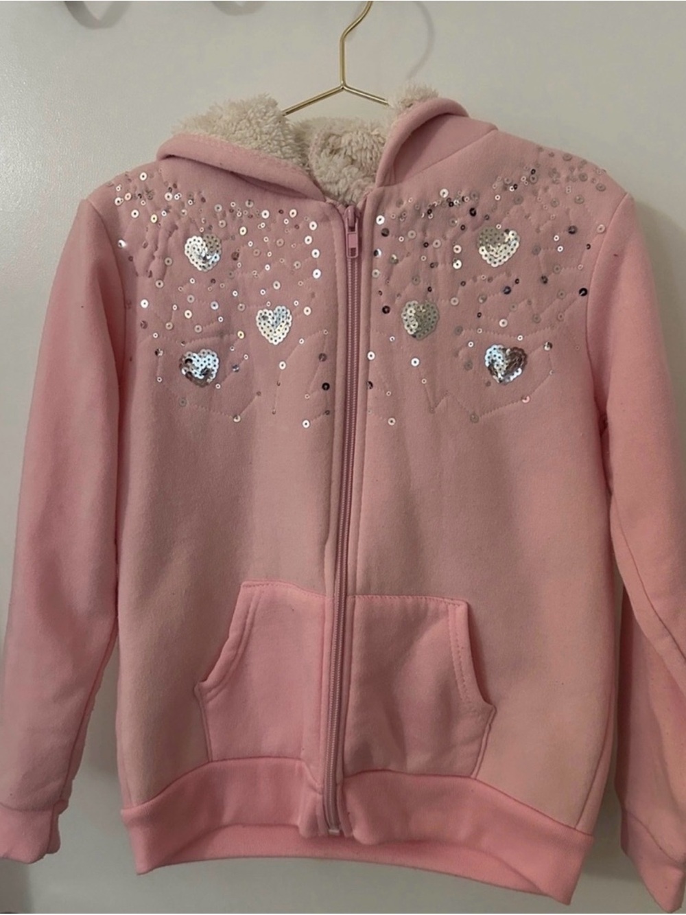 Real Love Girls Pink Sherpa Lined Sequin Heart Zip Hoodie size 7-8